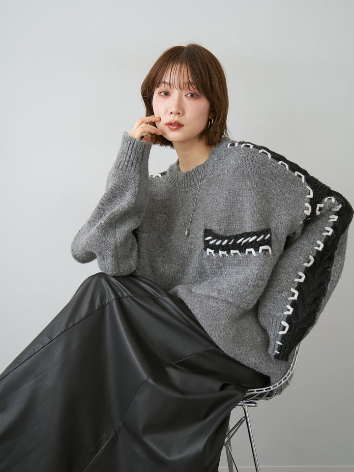 [予約]ハンドステッチデザインニットトップス/gray