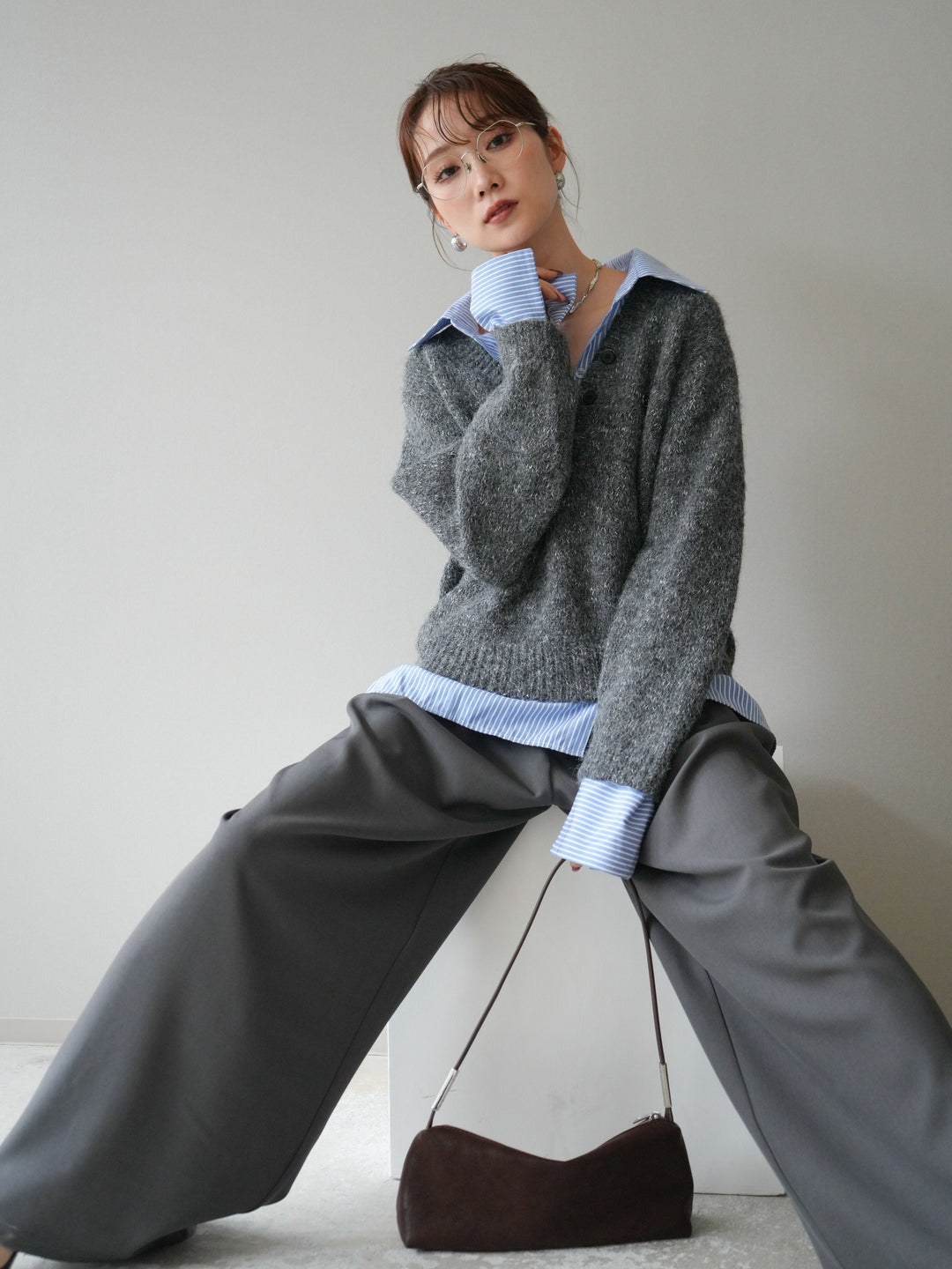 [予約]ストライプシャツドッキングMIXヤーンニットプルオーバー/charcoal