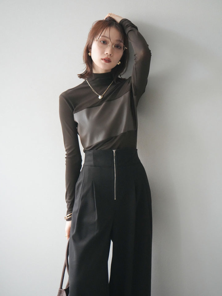 [予約]レザー切替プチネックシアートップス/khaki