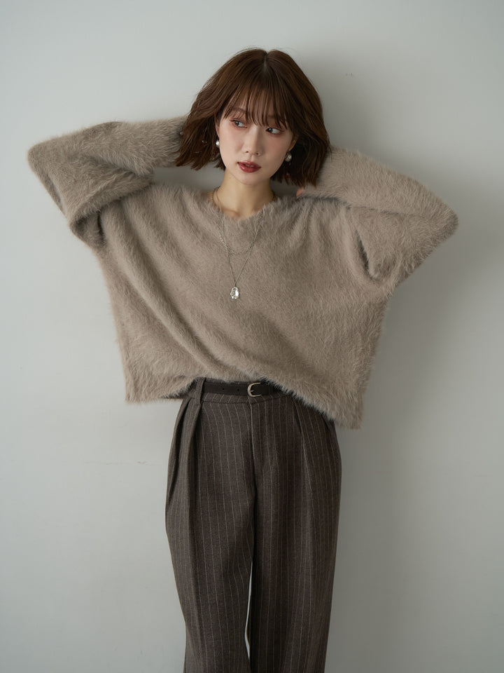 [SET]バックリボンVネックシャギーニットトップス+ピンストライプタックワイドパンツ(2set)