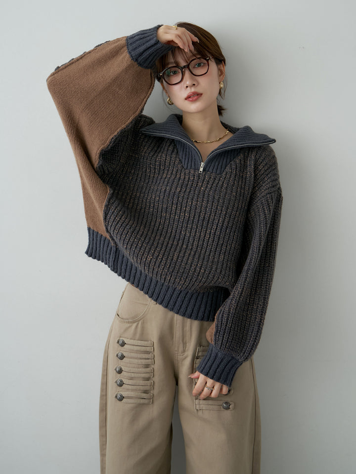 [予約]バイカラーハーフジップリブニットトップス/navy
