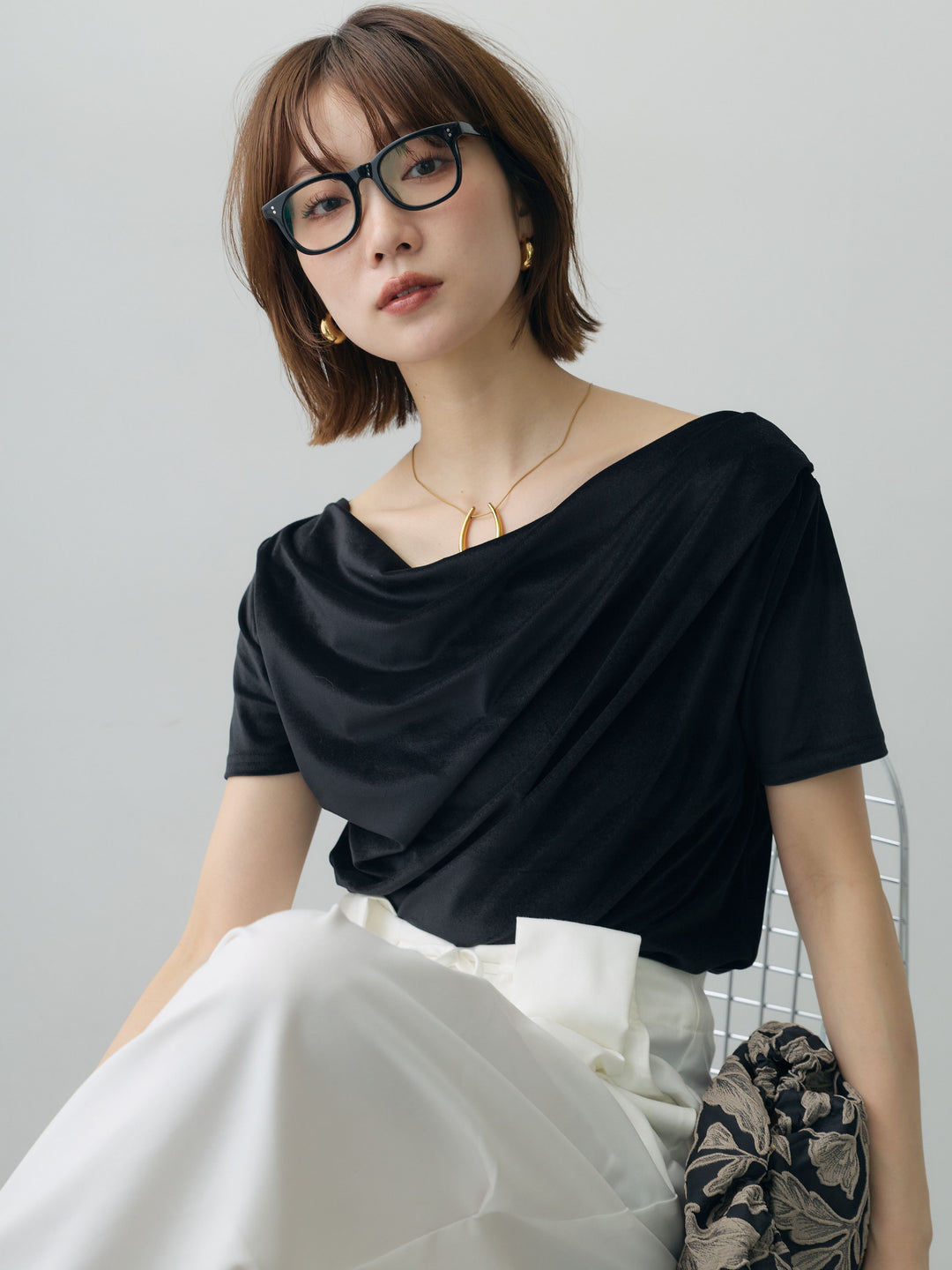 [SET]アシメネックシアーベロアトップス+ベルトループカーブタックワイドパンツ(2set)