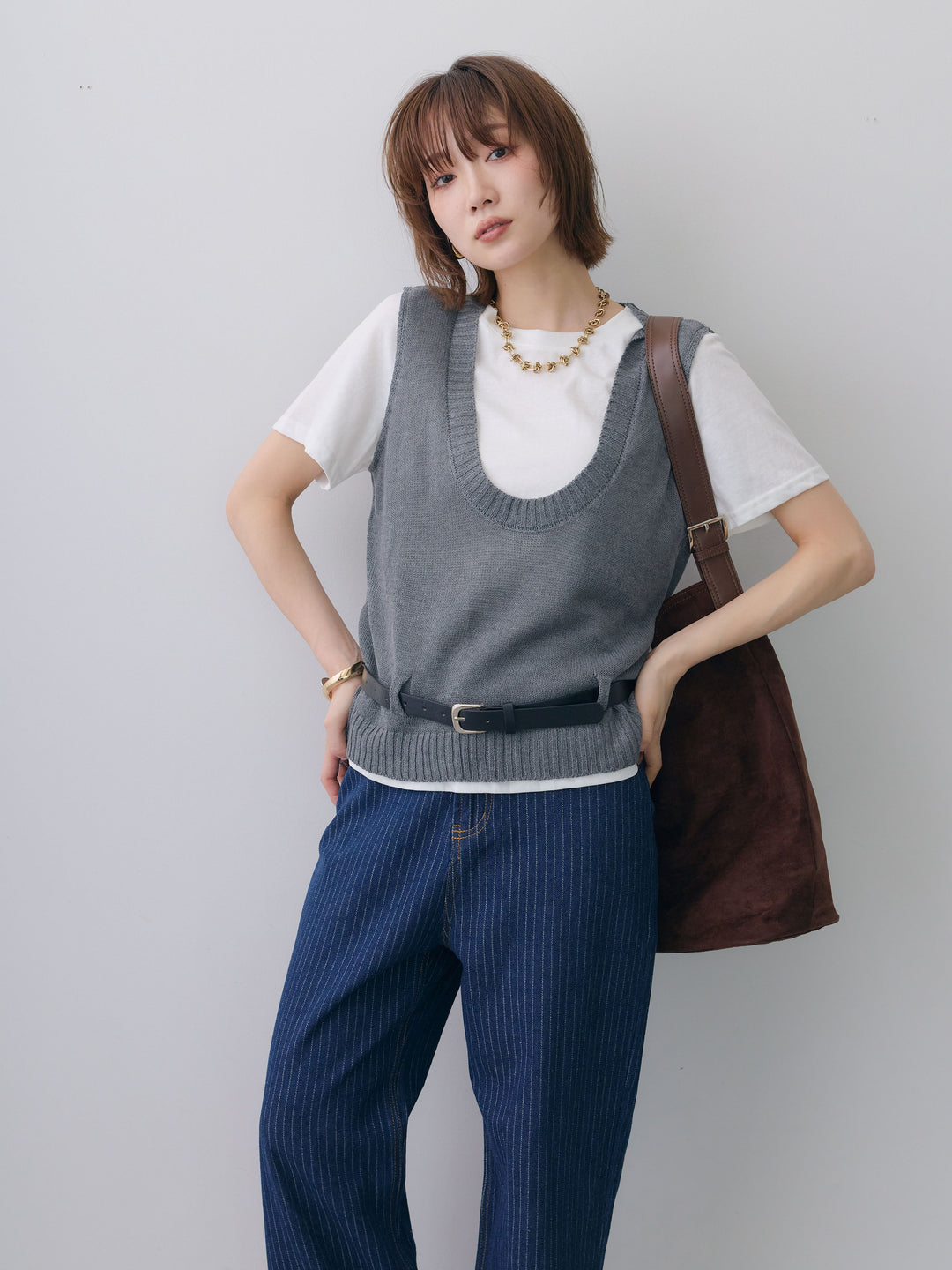 [予約]ベルト付ニットベストレイヤードデザイントップス/gray