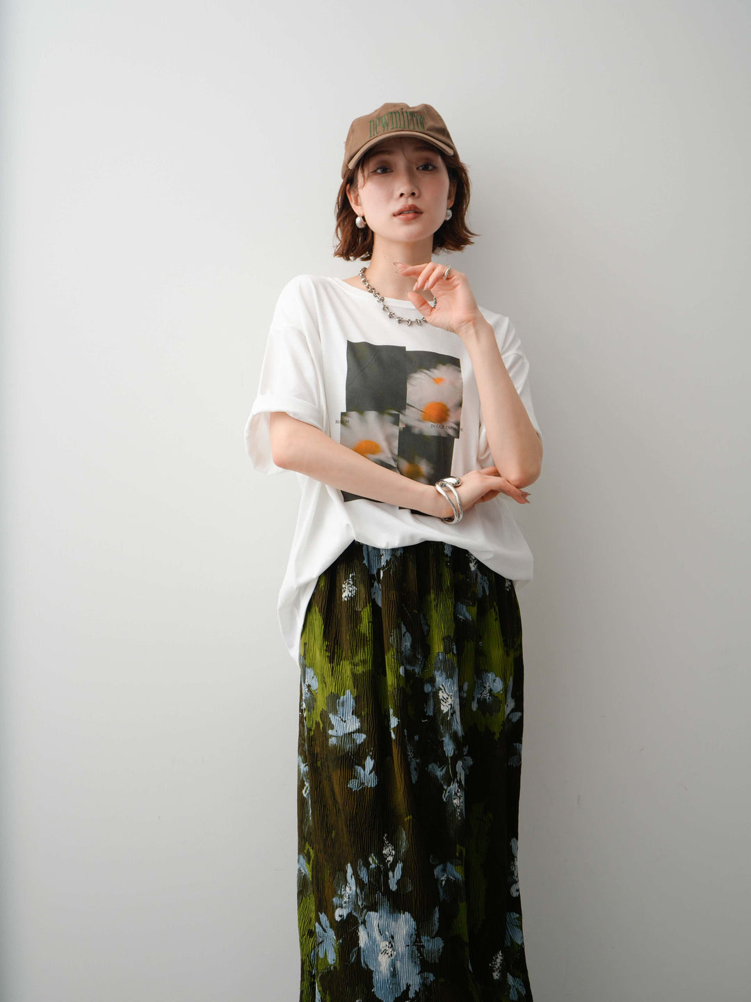 【着回しセット】フラワーフォトTEE+フラワープリントドレープタックパンツ+フラワープリントIラインギャザースカート(3set)
