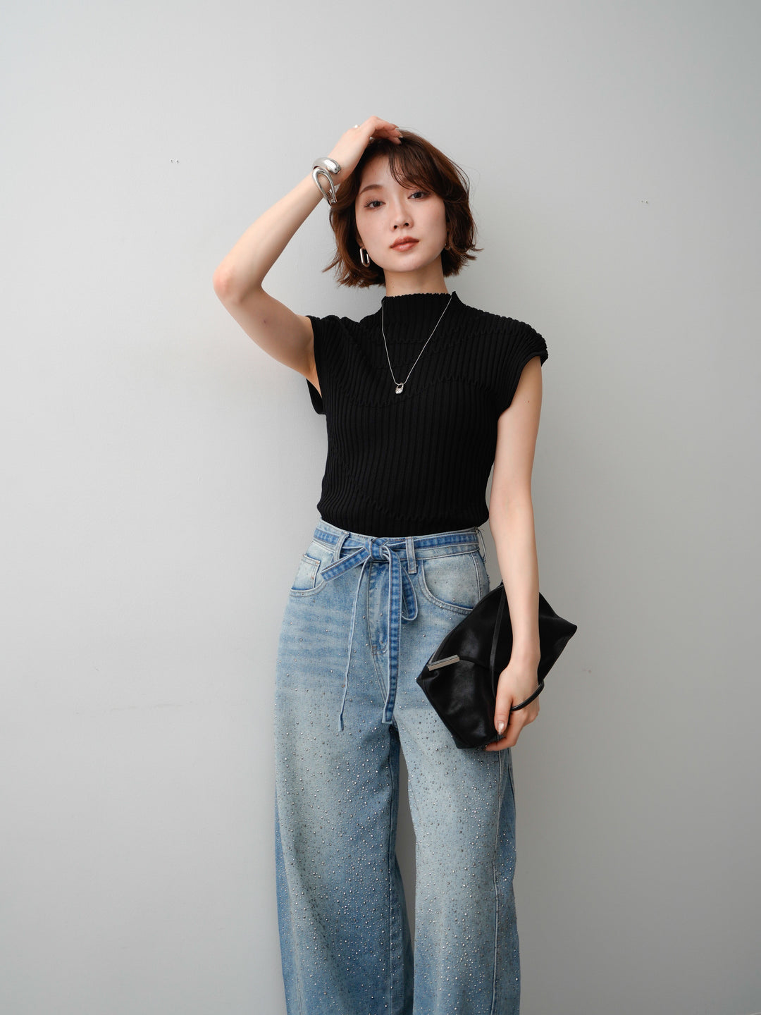 [予約]モードラインリブフレンチニットトップス/black