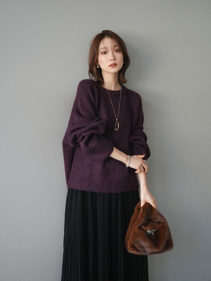 [予約]クルーネック畦編みミックスニット/bordeaux