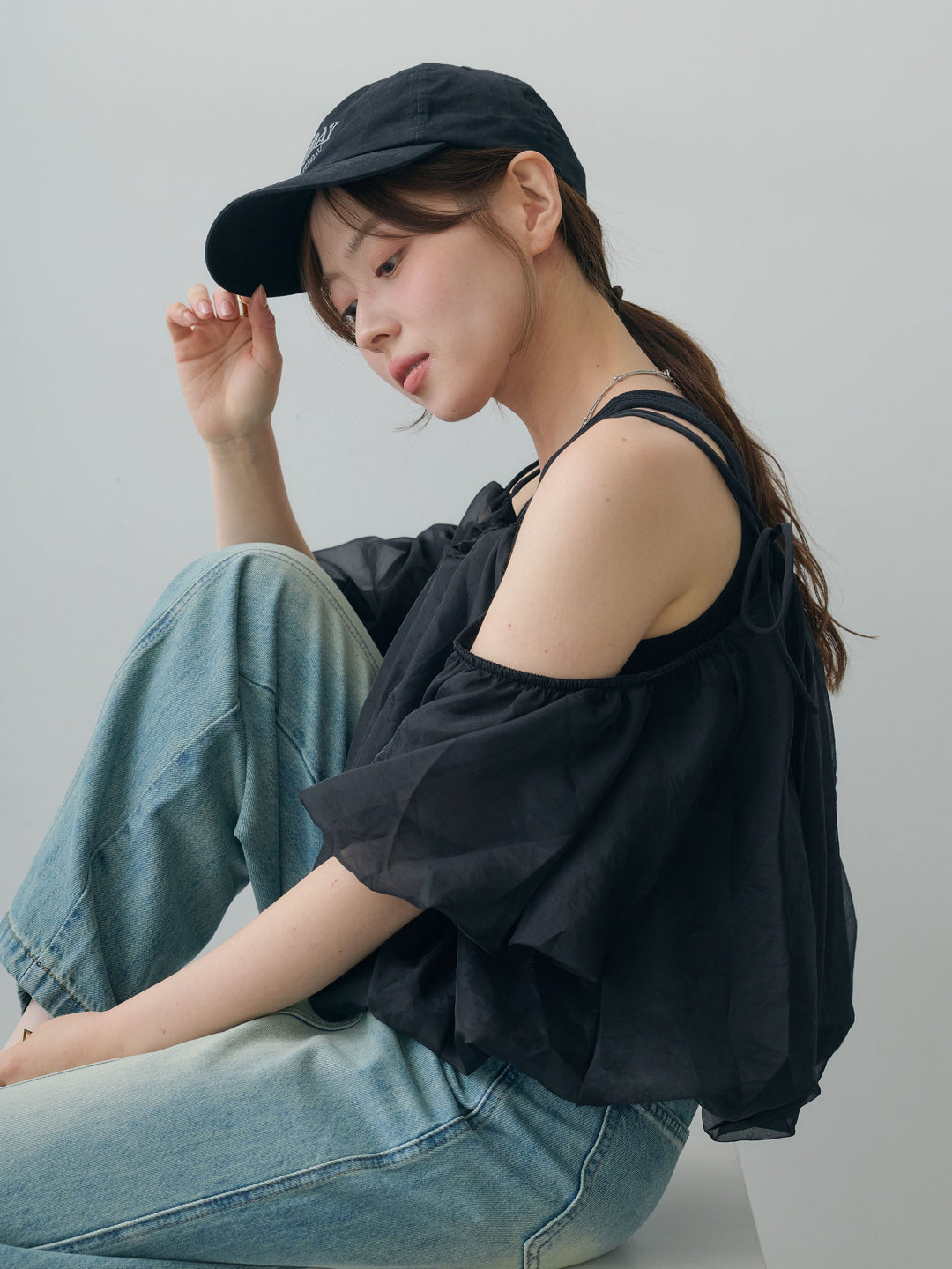 [SET]リブタンク付シアーバルーン半袖トップス+センターラインワイドストレートデニム(2set)