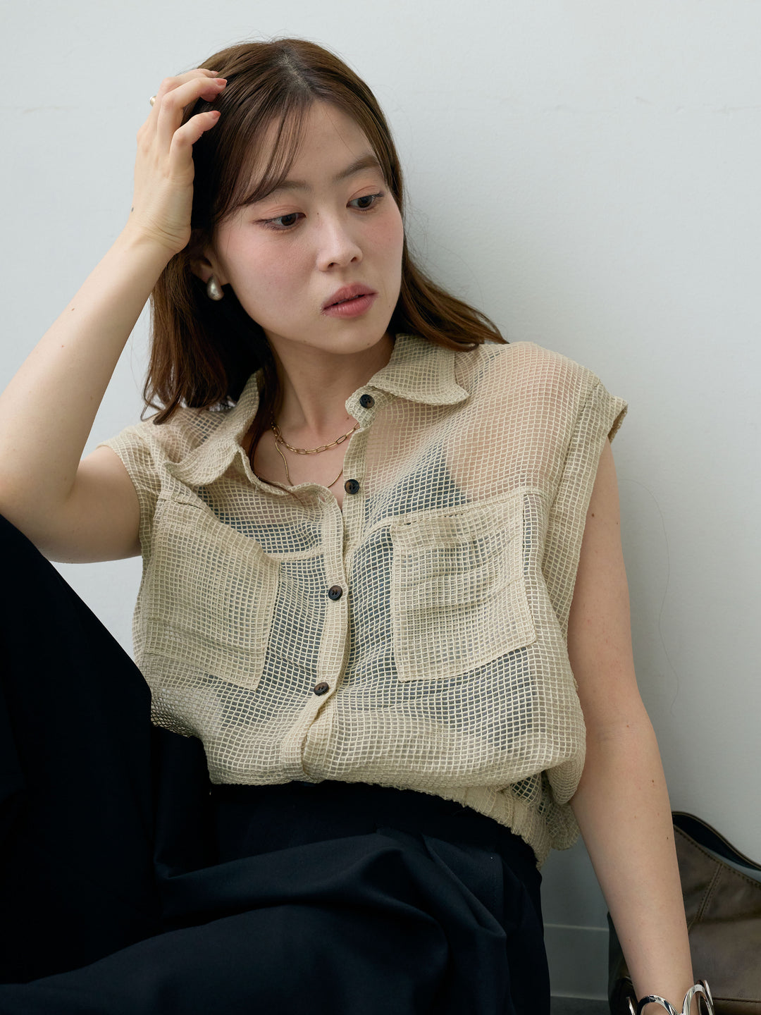 [SET]ラッセルメッシュフレンチシャツ+クレープデシンタックワイドパンツ(2set)