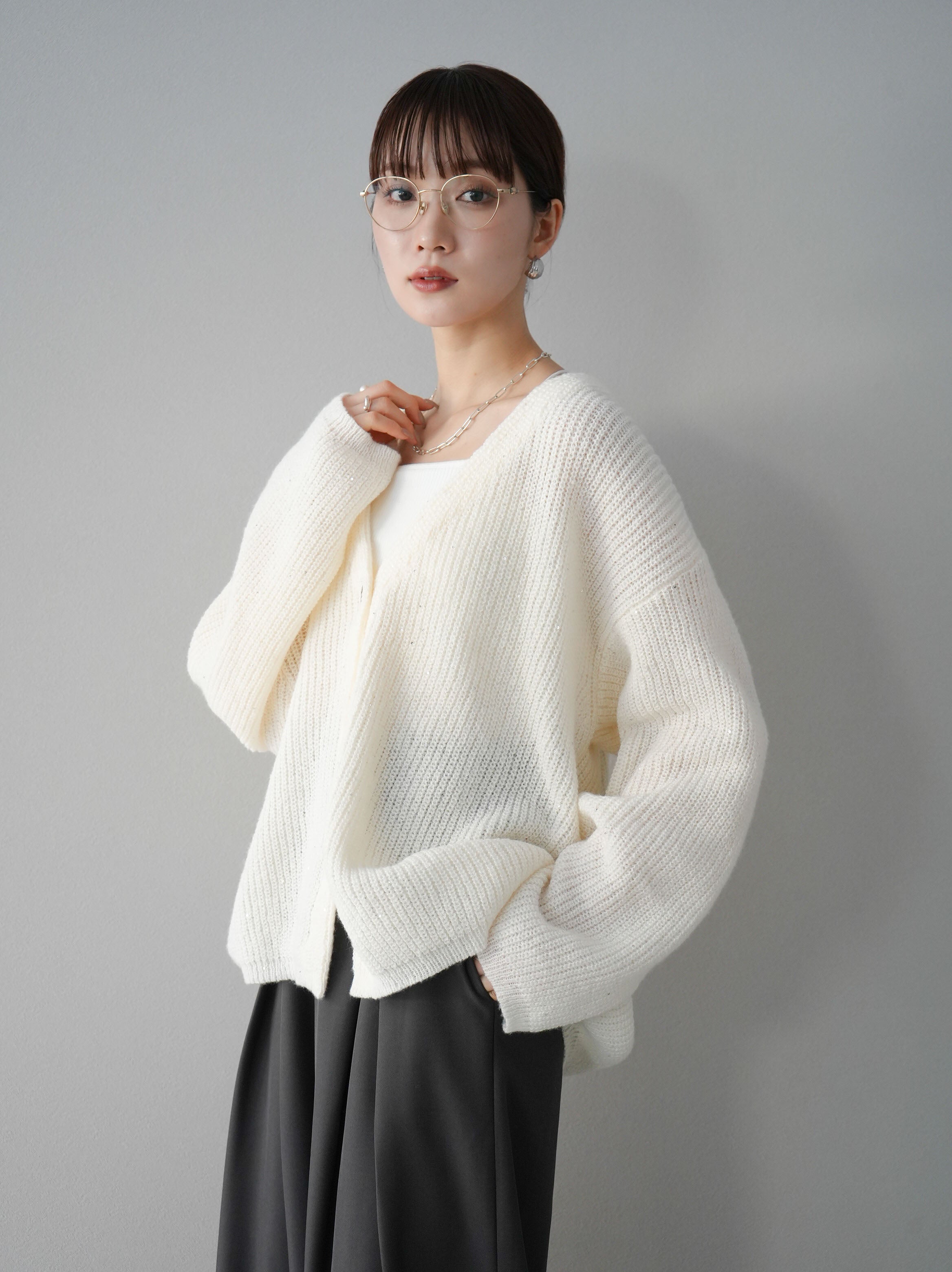 予約]あぜ編みラメニットカーディガン/アイボリー – Lumier