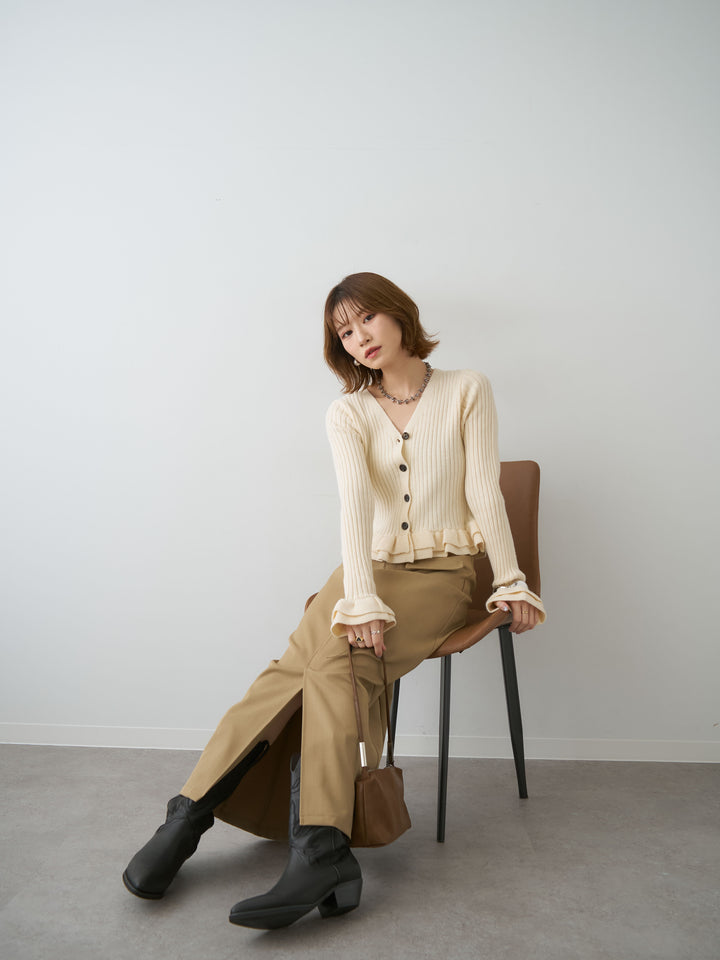 [SET]アルパカタッチフリルカーディガン+クレープデシンフラップ付きストレートスカート(2set)