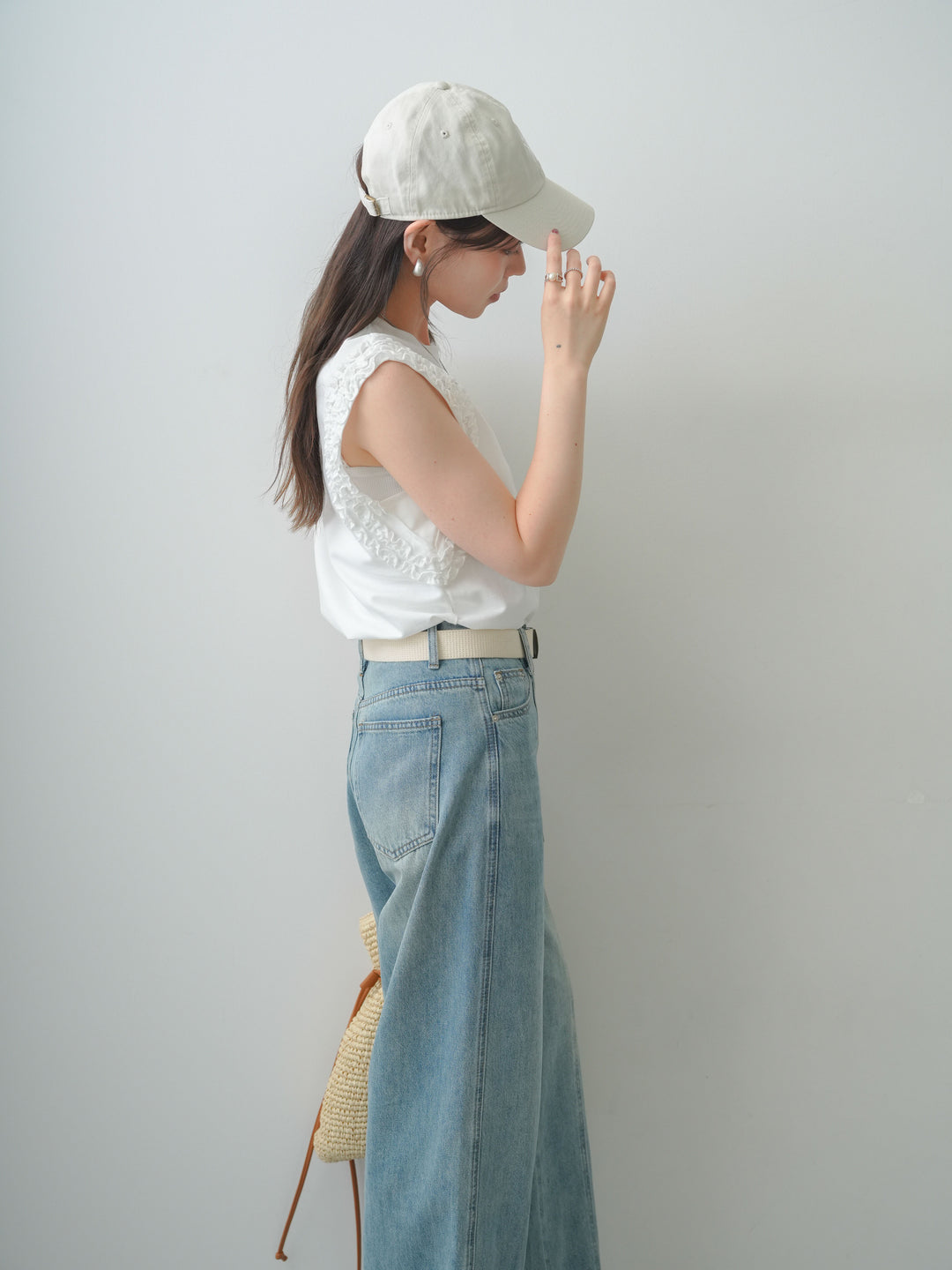 [SET]ホイップフリルフレンチTEE+センターラインワイドストレートデニム(2set)