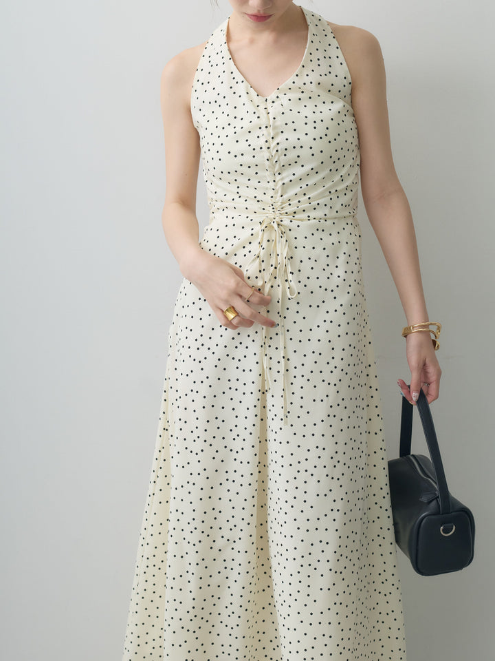 [予約]ホルターネックドット柄シャーリングデザインワンピース/ivory