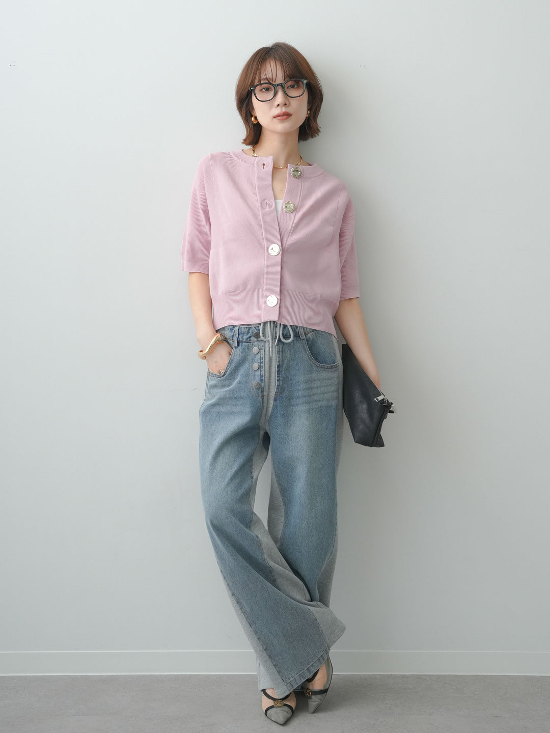 [SET]ゴールドボタンハーフニットカーディガン+デニム切替スウェットパンツ(2set)