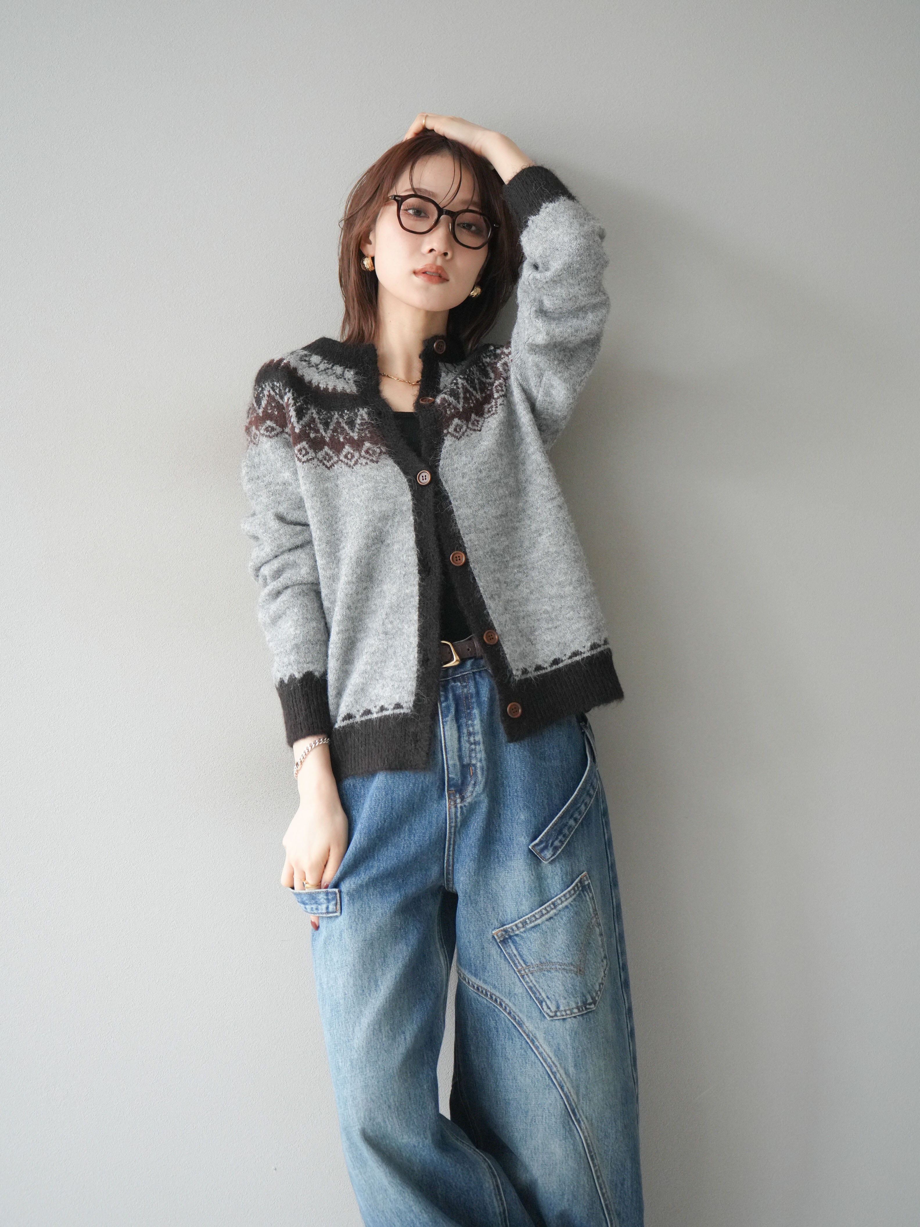 SET]ノルディック柄ニットカーディガン+ペインターカーブデニムパンツ