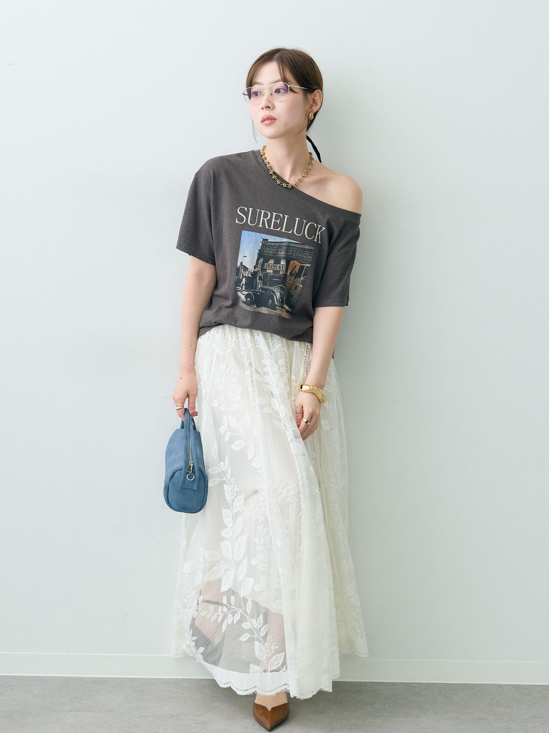 [SET]ワイドネックプリントTEE+ボタニカルパネルレースフレアスカート(2set)