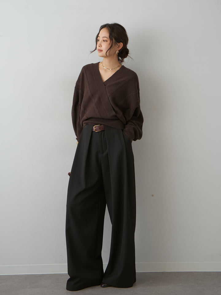 [SET]カシュクールミックスケーブルニットトップス+ベルトループデザインワイドパンツ(2set)