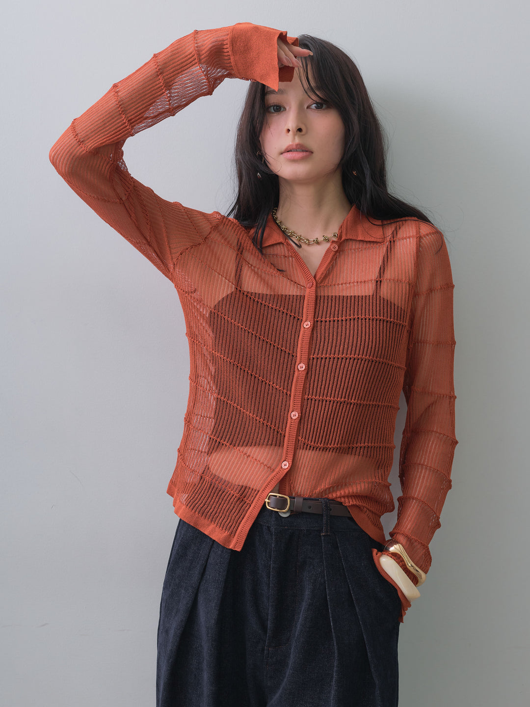 [予約]ボーダーデザインニットシャツ/orange