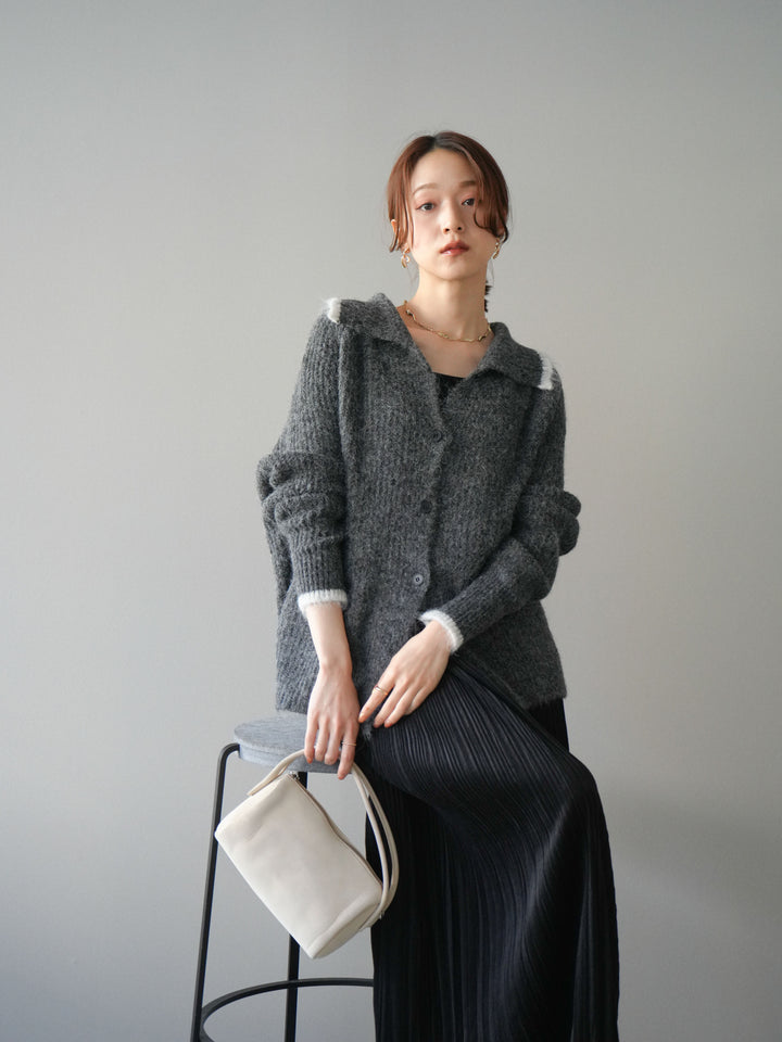 [予約]襟付きバイカラーミックスニットカーディガン/gray