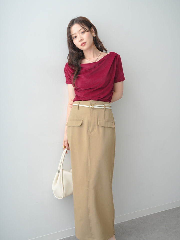 [SET]アシメネックシアーベロアトップス+クレープデシンフラップ付きストレートスカート(2set)
