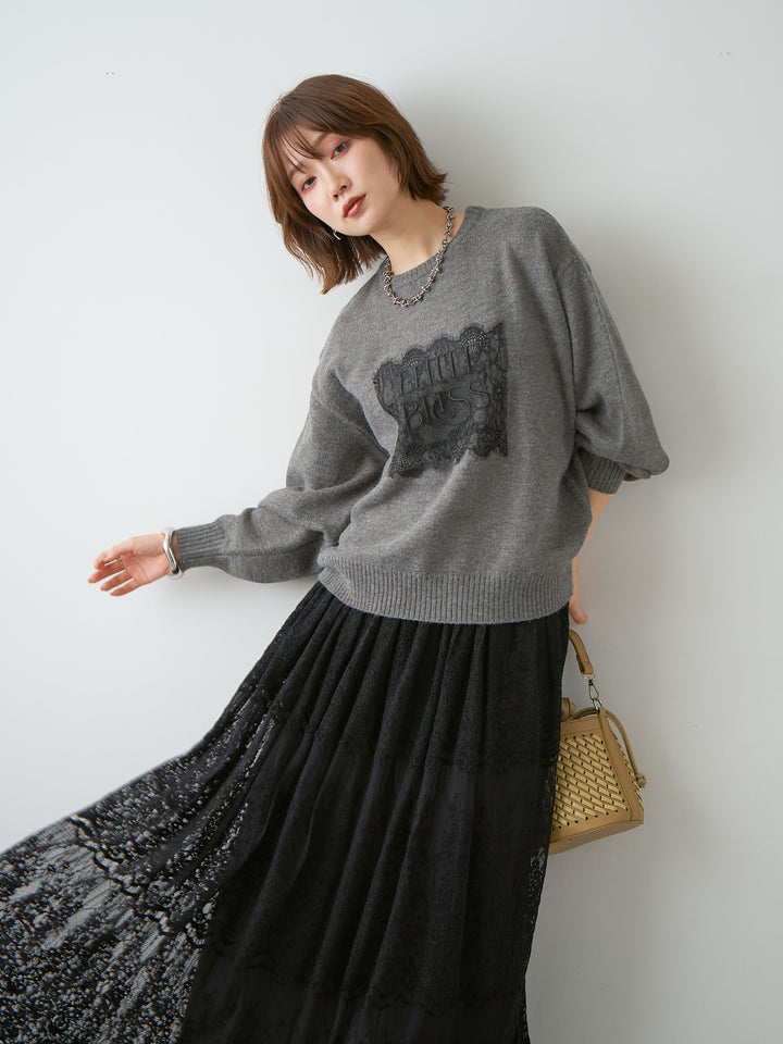 [予約]アルパカタッチ刺繍レースロゴニットプルオーバー/charcoal