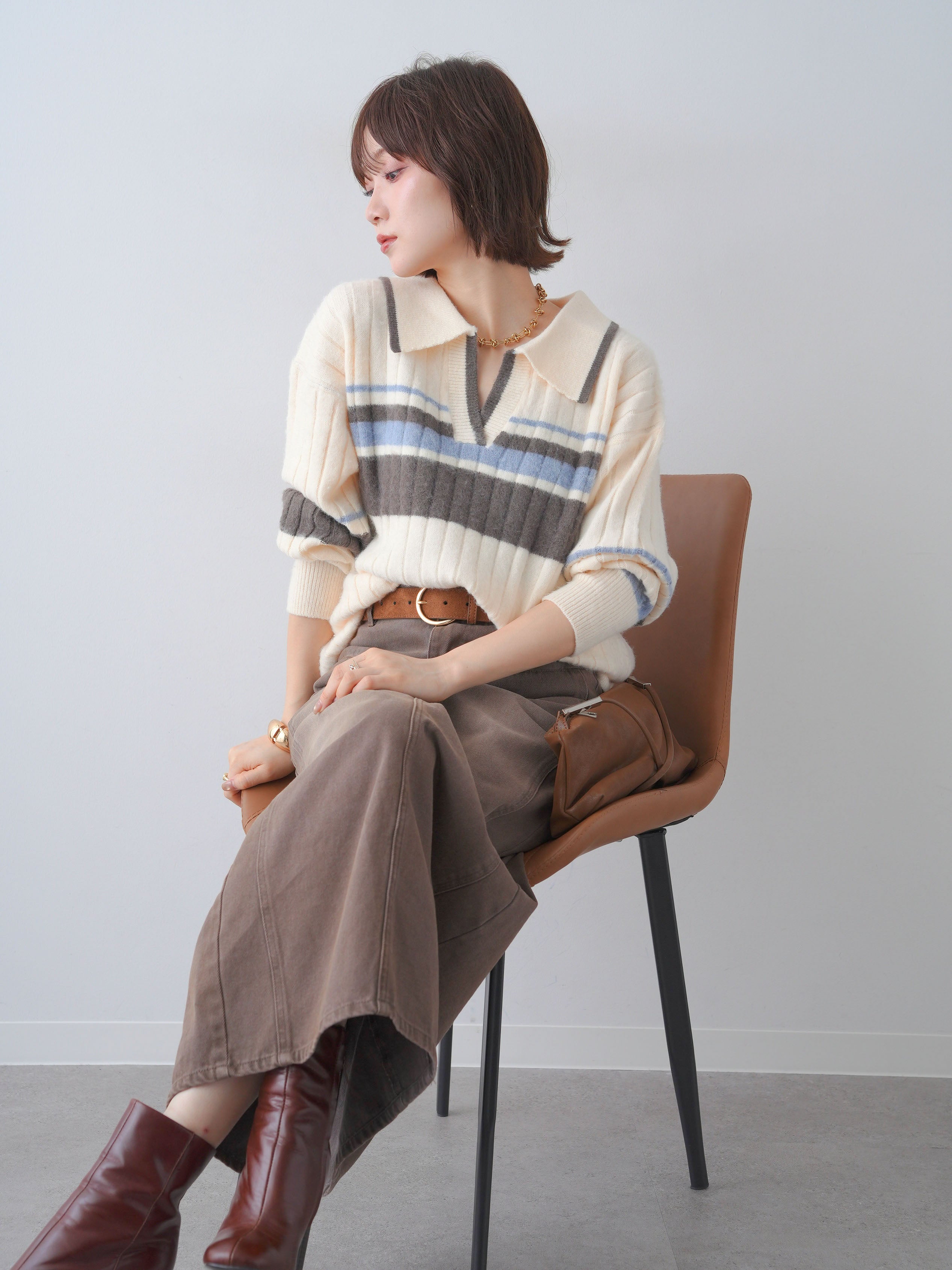 予約]マルチボーダー起毛スキッパーニットトップス/ivory – Lumier