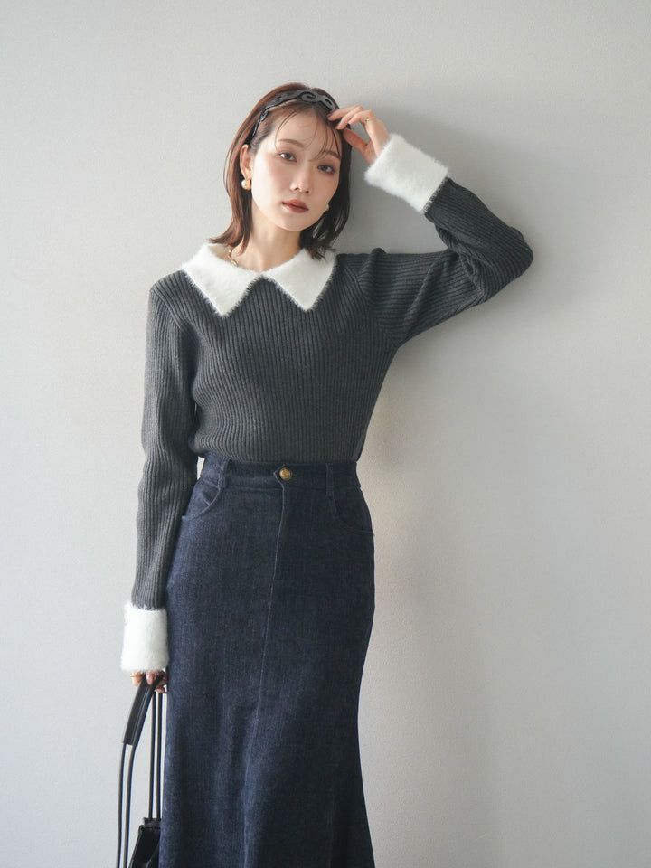 [SET]シャギー襟リブニットトップス+ベルベットマーメイドスカート(2set)