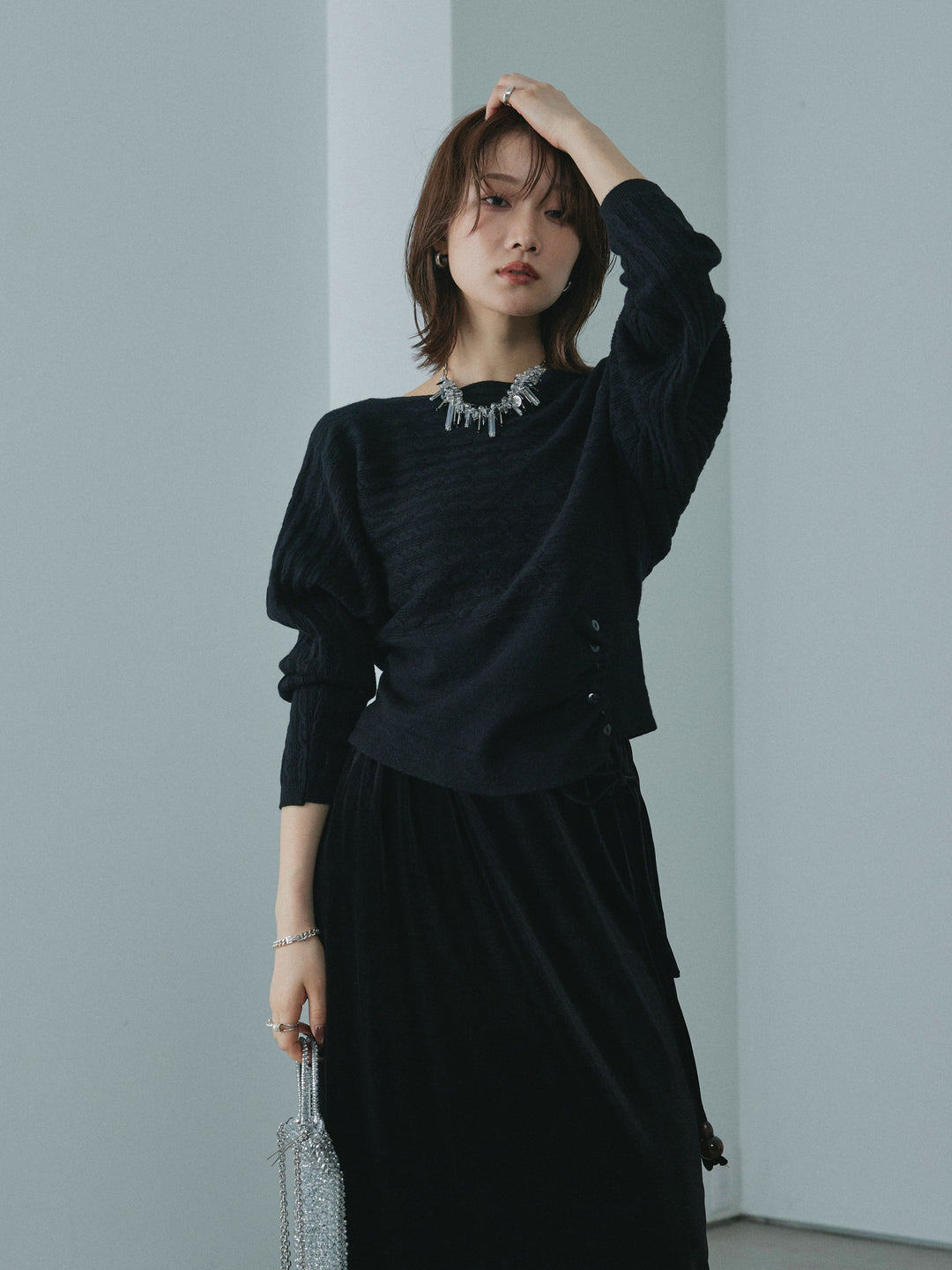 【Allure】[SET]ワンショルケーブル編みニット+ベロアナロースカート(2set)