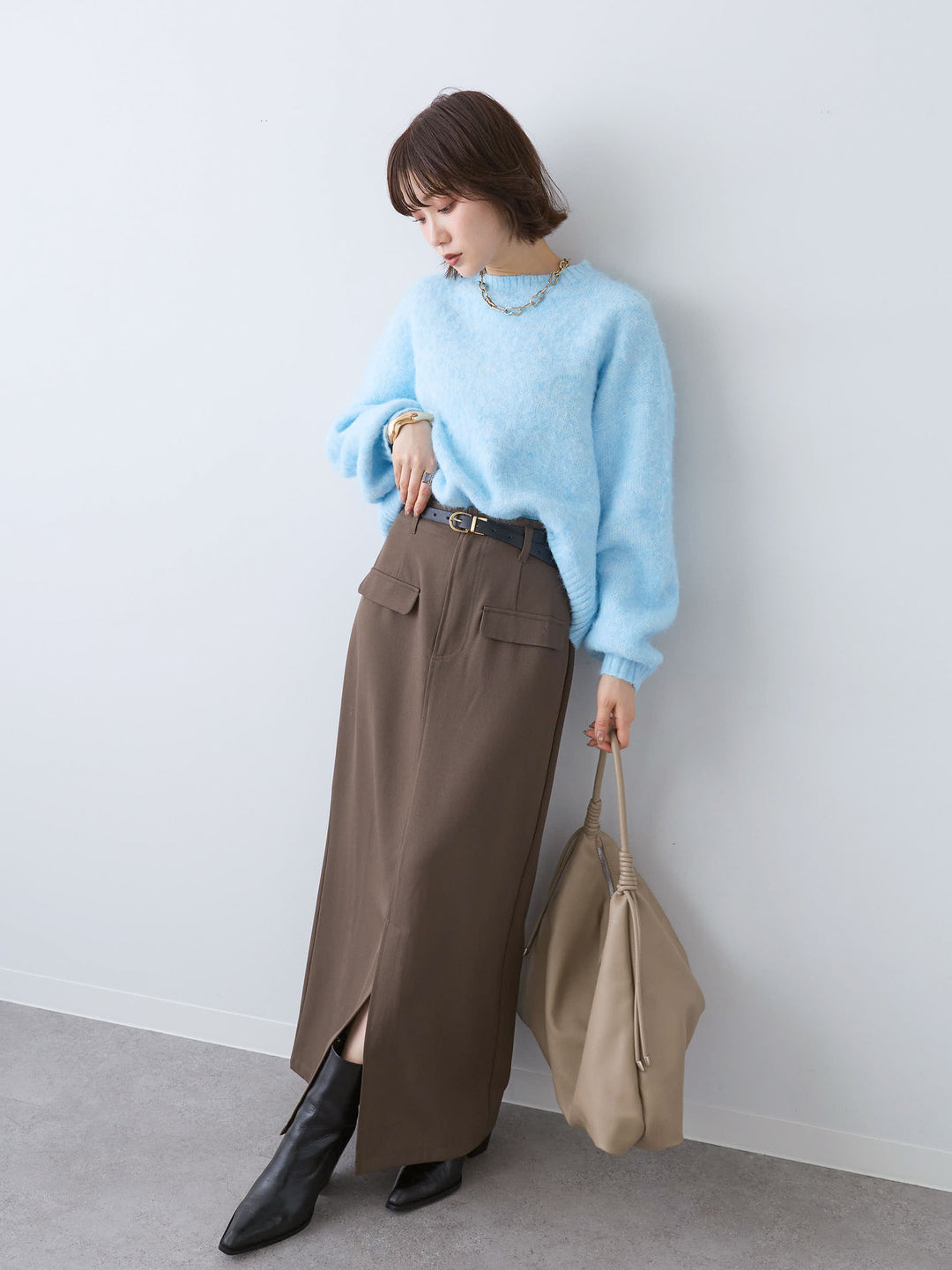 [SET]ソフトシャギーニットプルオーバー+クレープデシンフラップ付きストレートスカート(2set)