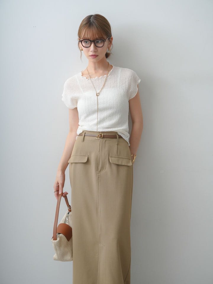 [SET]シャーリングシアーバックオープンフレンチトップス+クレープデシンフラップ付きストレートスカート(2set)