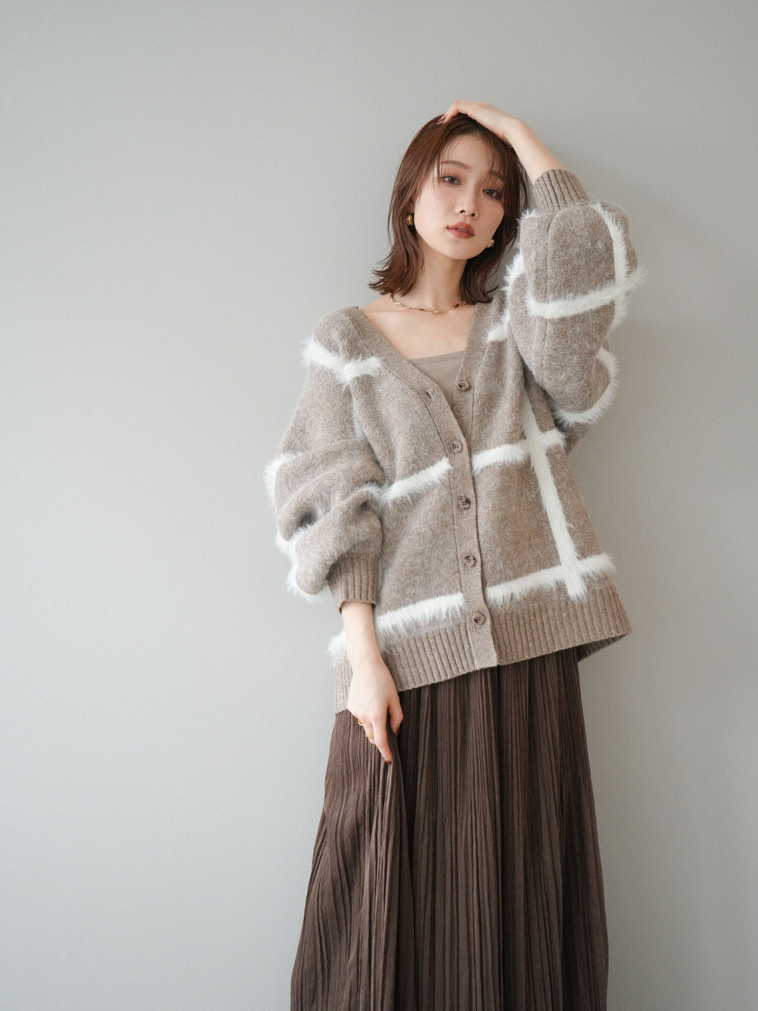 [予約]ミックスシャギーチェックカーディガン/beige