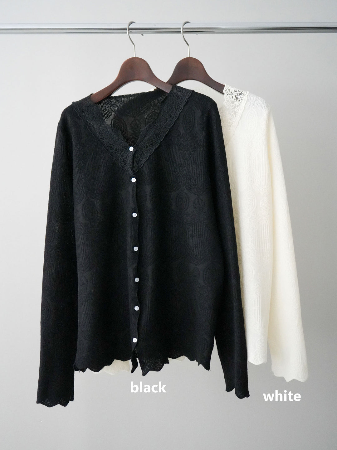 [SET]レースネックジャガードニットカーディガン+ダメージデニムセミワイドパンツ(2set)