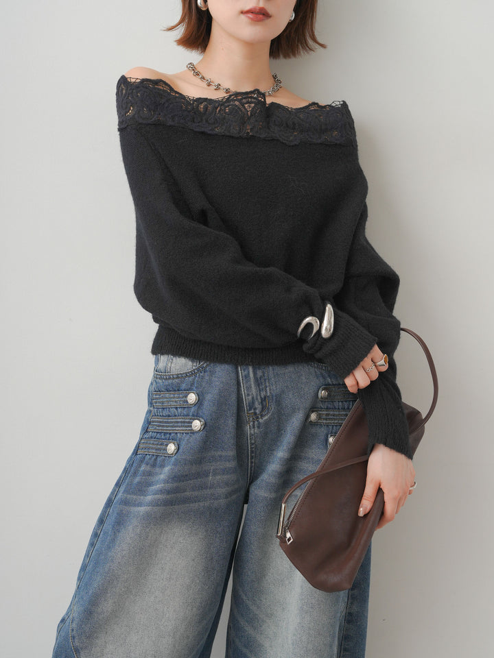 [予約]ショルダーレースオフショルニットトップス/black
