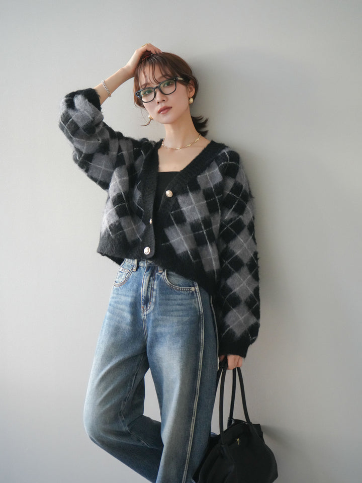 [予約]アーガイルシャギーニットカーディガン/gray