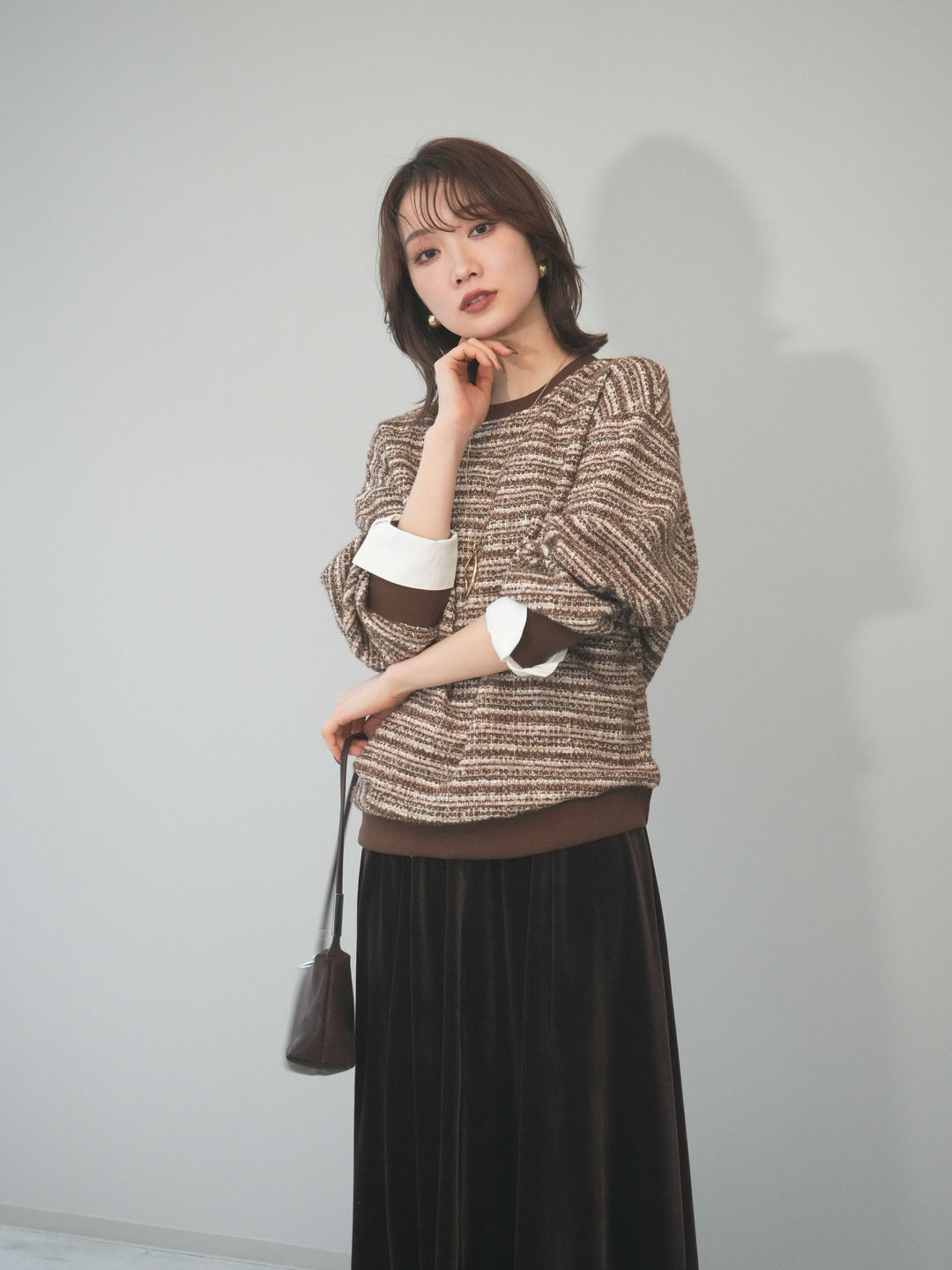 [予約]MIXツイードライクカフスドッキングプルオーバー/brown