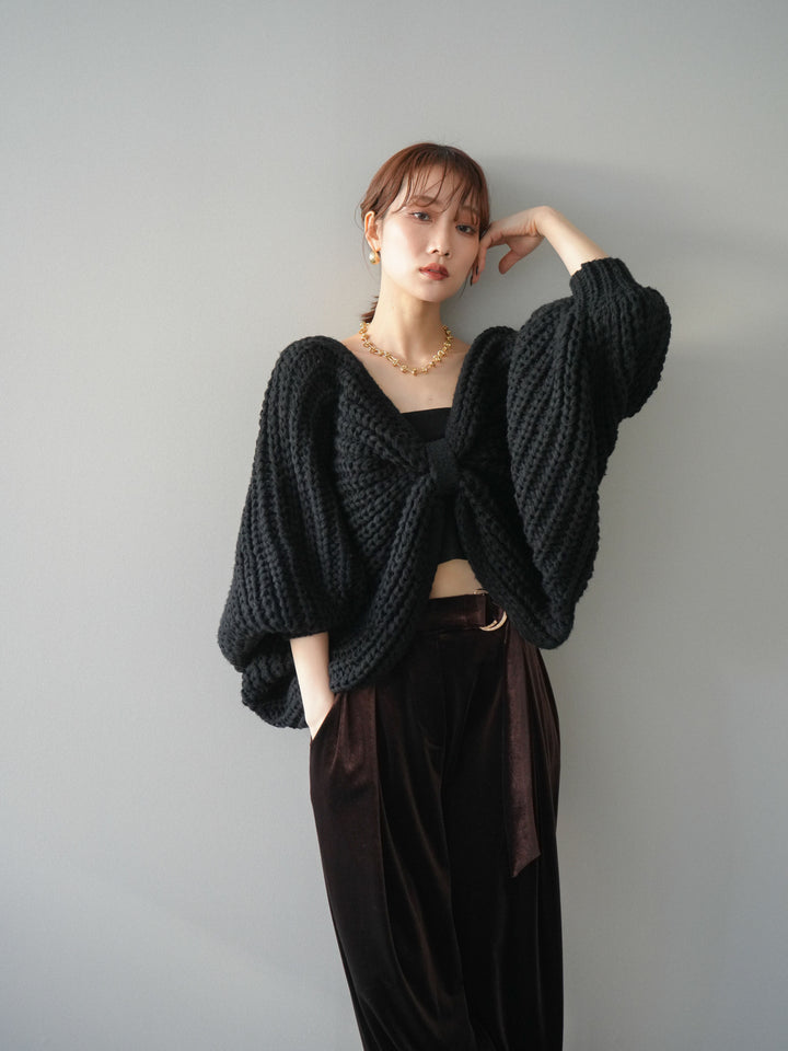 [SET]ローゲージ畦編みドルマンニットボレロ+ベロアベルトスリムパンツ(2set)