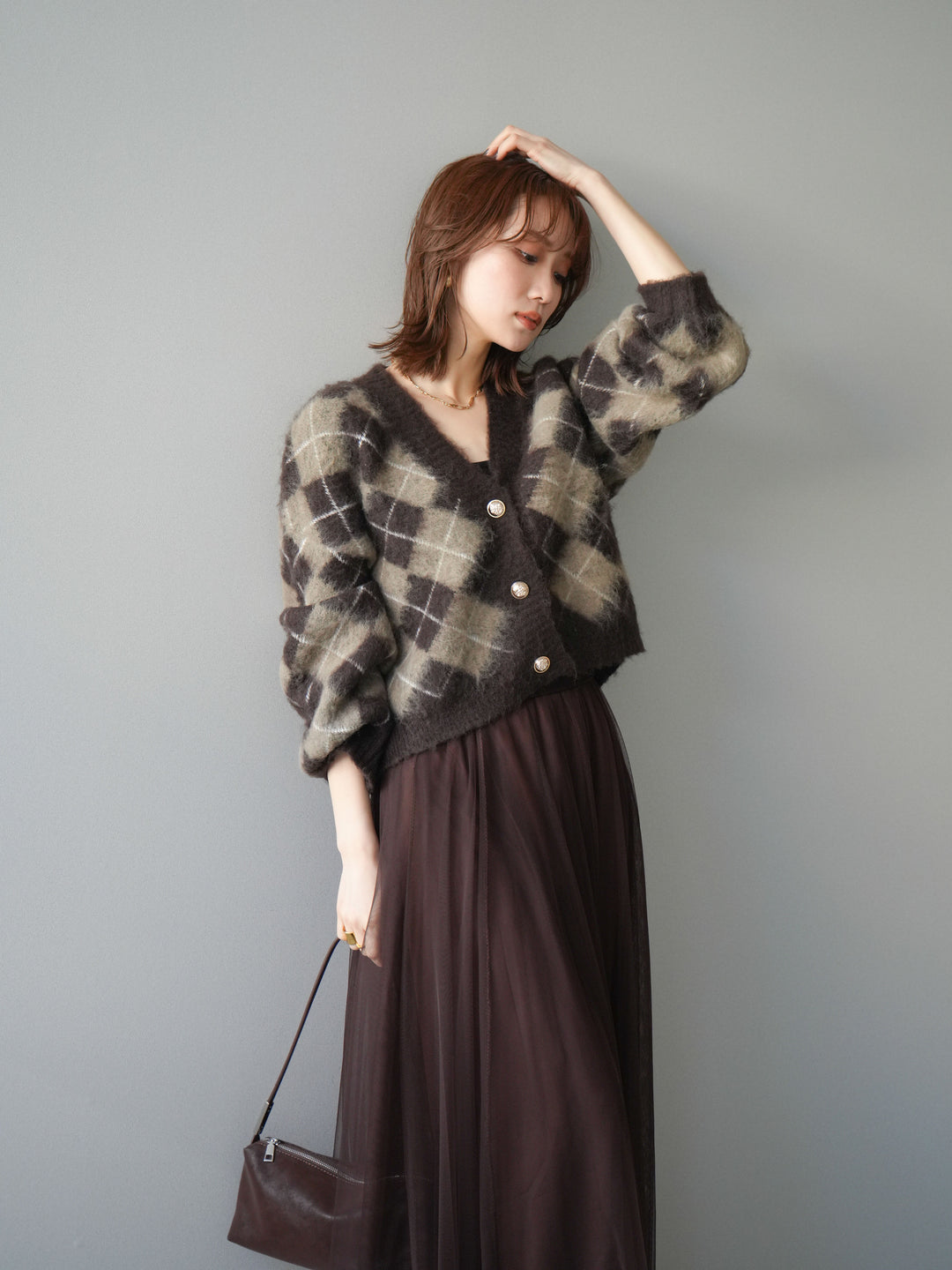 [予約]アーガイルシャギーニットカーディガン/brown