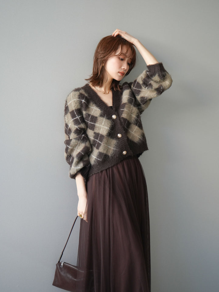 [予約]アーガイルシャギーニットカーディガン/brown