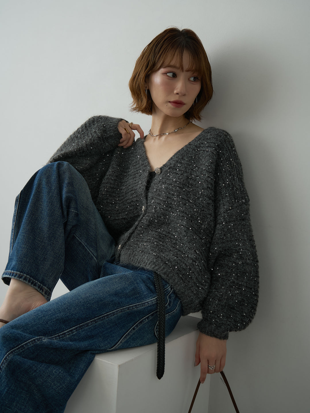 [SET]スパンコールデザインボタンカーディガン+選べるアクセセット(2set)