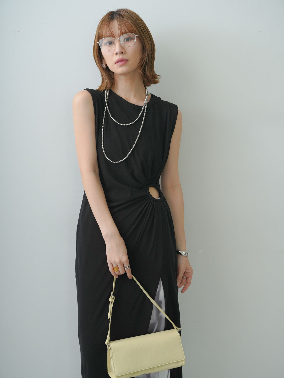 [予約]リングギャザースリットワンピース/black