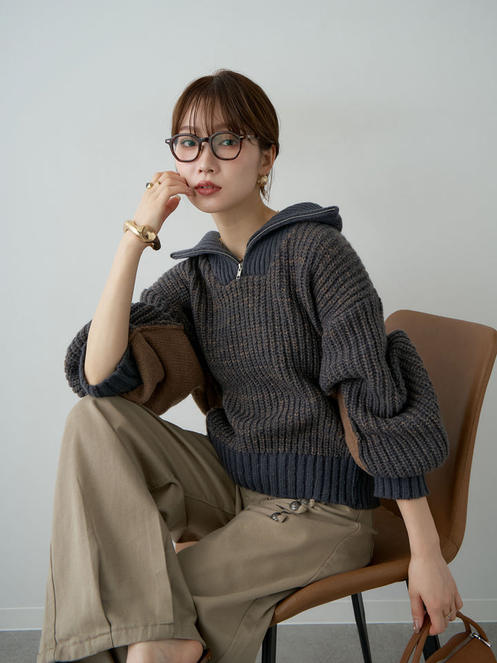 [予約]バイカラーハーフジップリブニットトップス/navy