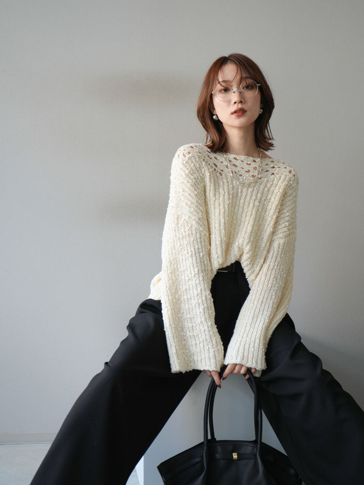 [予約]ボートネック透かし編みニットプルオーバー/white