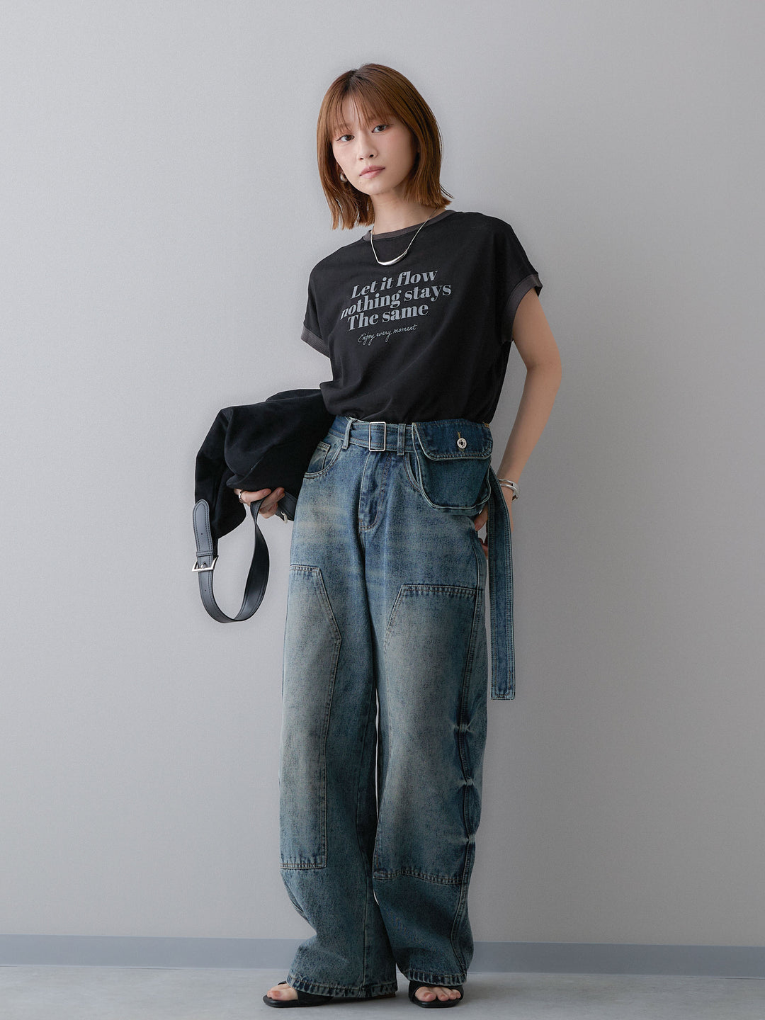 [SET]シアースラブバイカラーフレンチTEE+マルチポーチ付立体カーブデニム(2set)