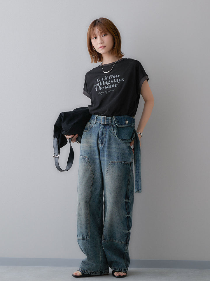 [SET]シアースラブバイカラーフレンチTEE+マルチポーチ付立体カーブデニム(2set)
