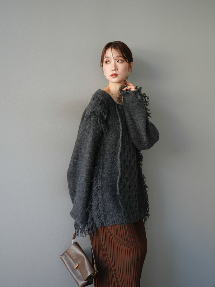 [予約]レースアップフリンジニットプルオーバー/gray
