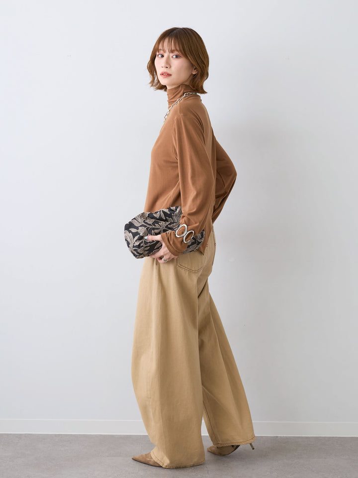 [SET]モックネックアシメヘムトップス+カラーステッチワイドパンツ(2set)