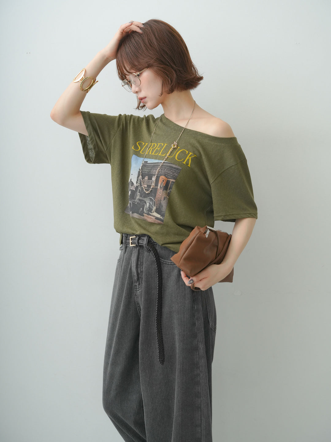 [SET]ワイドネックプリントTEE+ニュアンスウォッシュカーブデニム(2set)