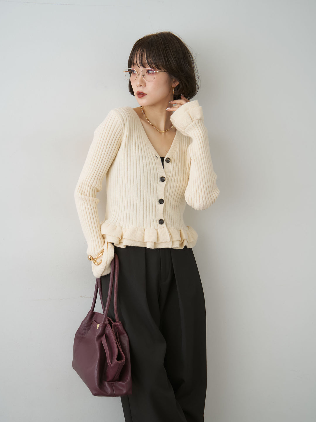 [SET]アルパカタッチフリルカーディガン+選べるアクセセット(2set)