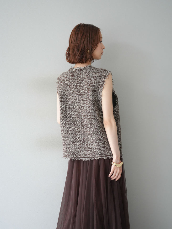 [予約]ミックスツイードフリンジニットベスト/ブラウン
