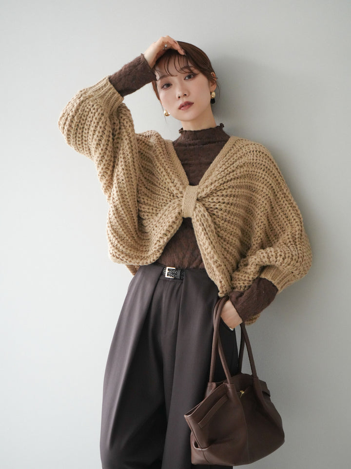 [SET]ローゲージ畦編みドルマンニットボレロ+起毛レースプチネックトップス(2set)