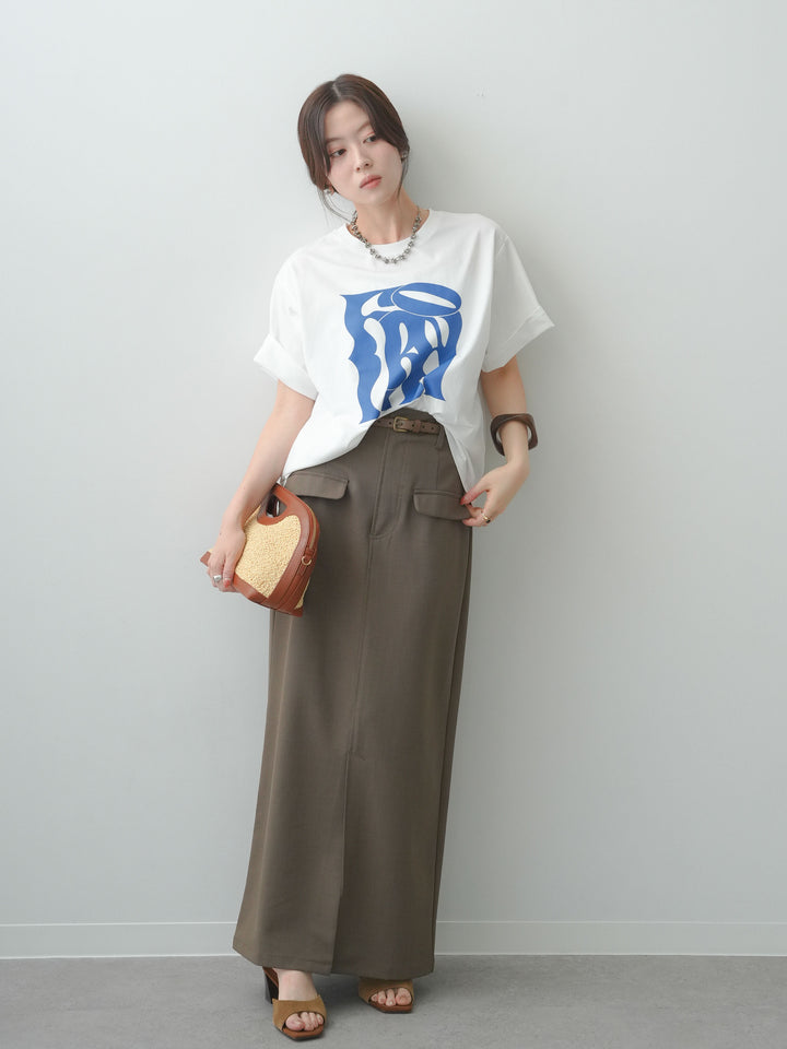 [SET]クールタッチアートロゴオーバーTEE+クレープデシンフラップ付きストレートスカート(2set)